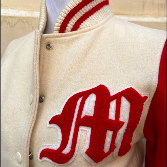 Vintage 1990’s Cream Wool Letterman Bomber Jacket w/ Red “M” by LOVE BOAT Sz S - Picture 10 of 12